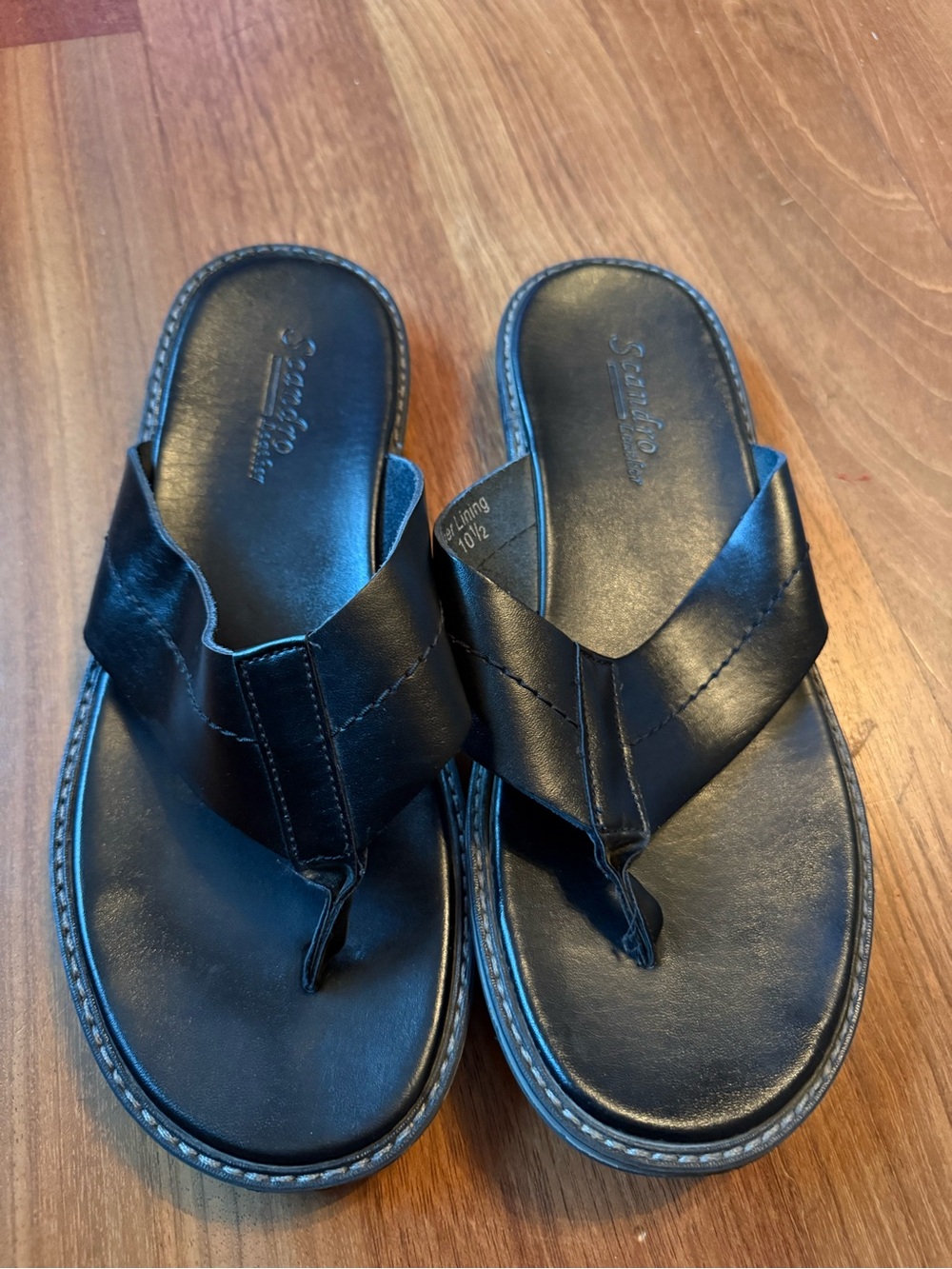 Scandro Men’s Black Leather Thong Sandals with Stitched Sole